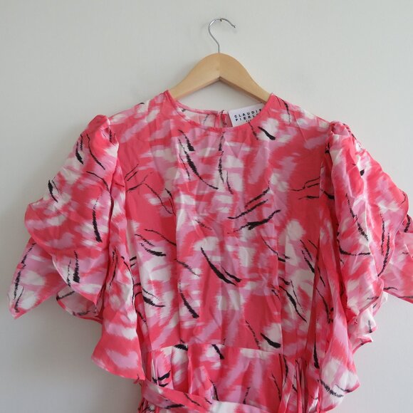 CLAUDIE PIERLOT Rabanel 100% Silk Crepe De Chine Abstract Print Ruffle Dress NWT - Picture 3 of 15